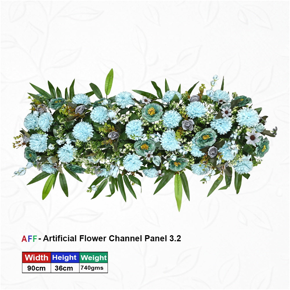 Artificial Light Blue & Teal Floral Channel Panel with Green Foliage for Wedding & Event Décor – 90 × 36 cm