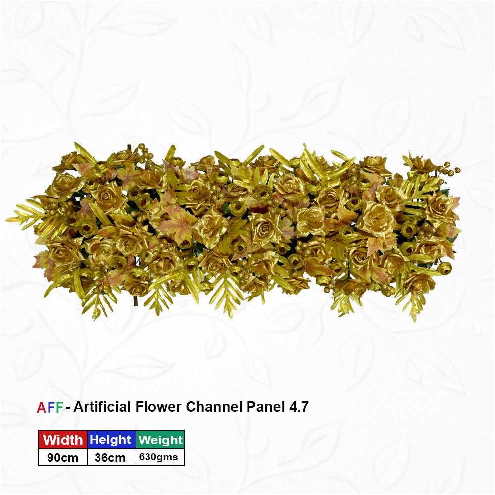 Artificial Flower Factory – Majestic Gilded Gold Luxe Channel Panel | Metallic Rose & Autumn Maple Row | 90cm Premium Floral Arrangement for Royal Weddings, VIP Galas, & Festive Decor