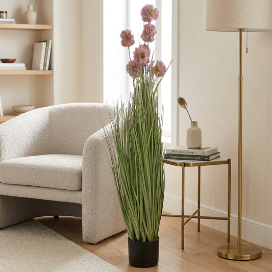 Artificial Tall Grass Plant with Pink Flowers 125 cm – Real Touch Faux Plant with Pot for Home Décor