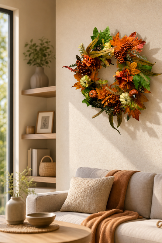 Artificial Flower Enchanted Woodland Harvest Wreath Pinecone, Berry & Mixed Gourd