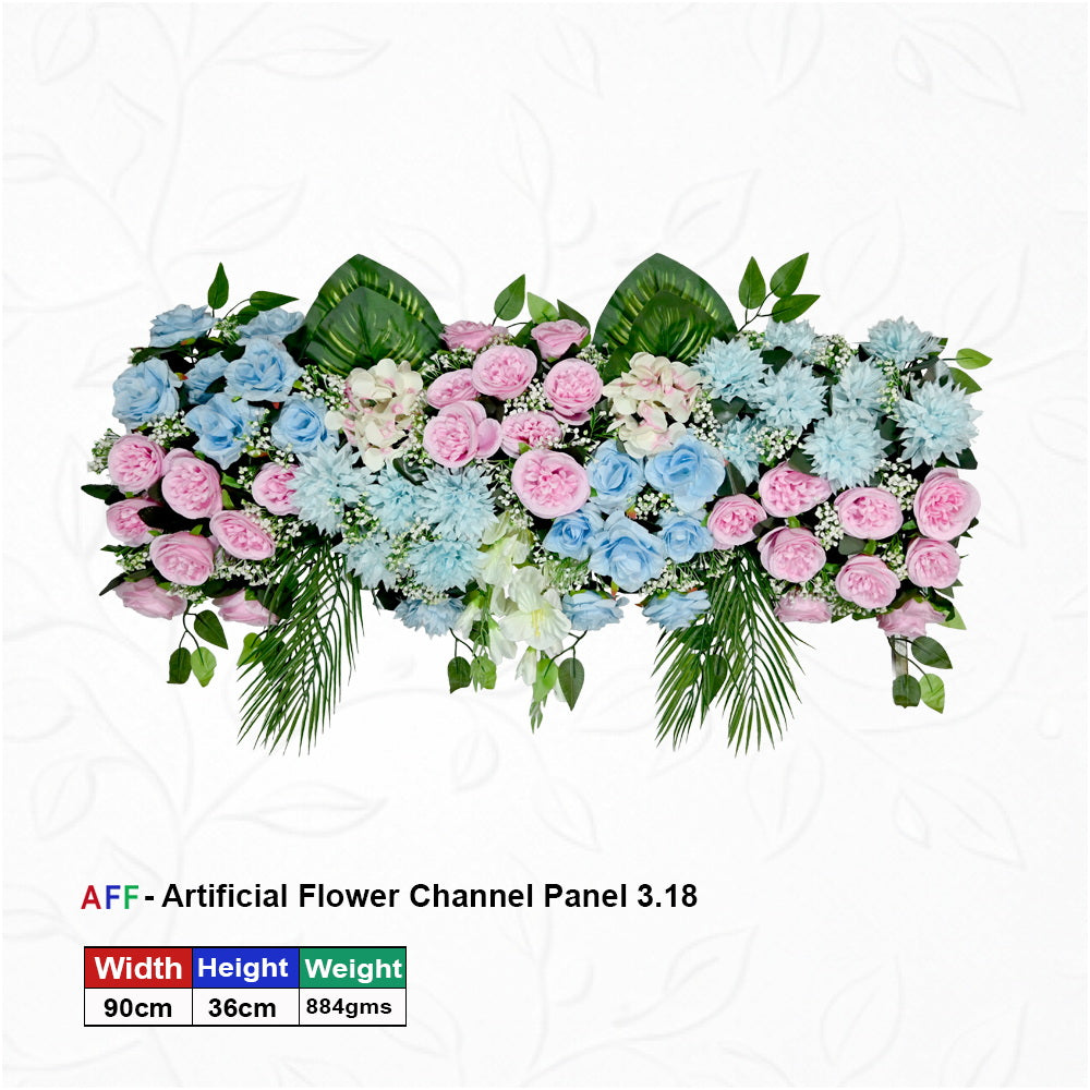 Artificial Flower Factory – Pastel Paradise & Morning Dew Channel Panel | Blush Rose & Sky Blue Mum Row | 90cm Ethereal Floral Arrangement for Wedding Altars, Table Runners, & Wall Decor