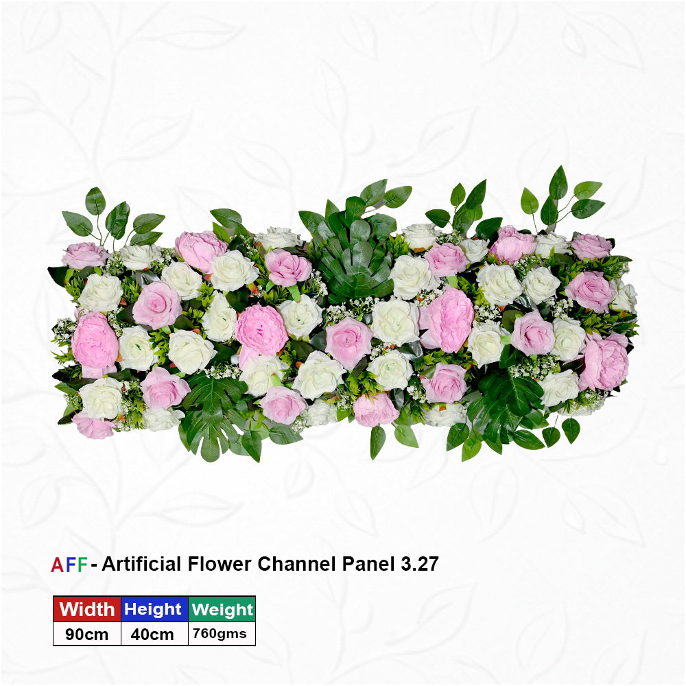 Artificial Flower Factory – Enchanted Pink & Ivory Rose Channel Panel | Soft Blush & Creamy White Floral Row | 90cm Elegant Botanical Runner with Tropical Monstera Accents