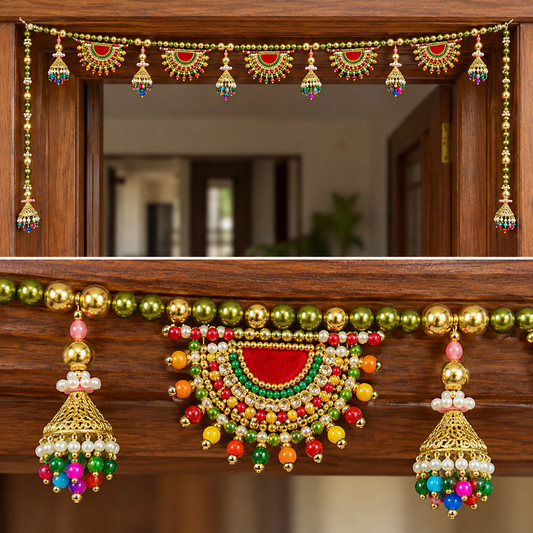 Traditional Multicolour Beaded Door Toran with Golden Bells for Wedding & Festive Decoration – 102 cm | Pack of 1