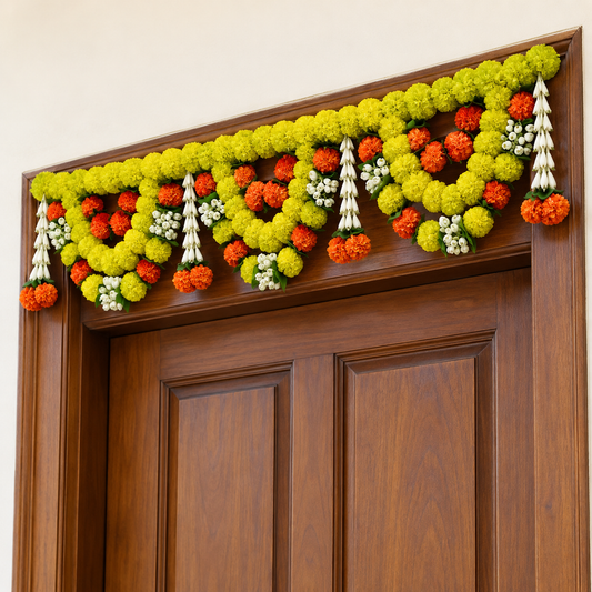 Artificial Yellow & Orange Marigold Door Toran with White Floral Hangings for Wedding & Festive Decoration – 100 cm | Pak of 1