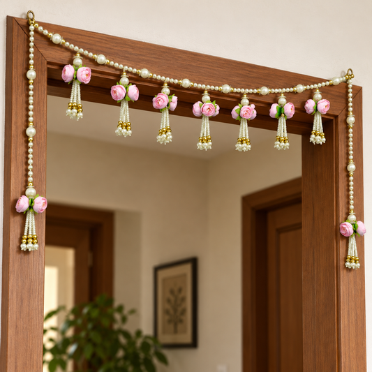 Artificial Light Pink Rose Door Toran with Pearl Bead Tassels for Wedding & Festive Decoration – 94 cm | Pack of 1