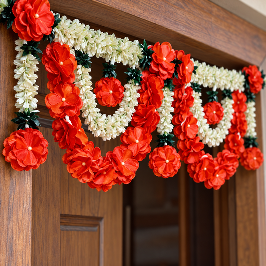 Artificial Red & Ivory Floral Door Toran with Layered Swags for Wedding & Festive Decoration – 98 cm | Pack of 1