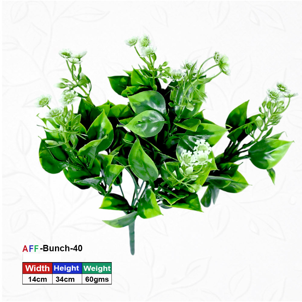 Artificial Green Leaf Bunch 34 cm with White Flowers – Real Touch Faux Foliage for Home & Garden Décor