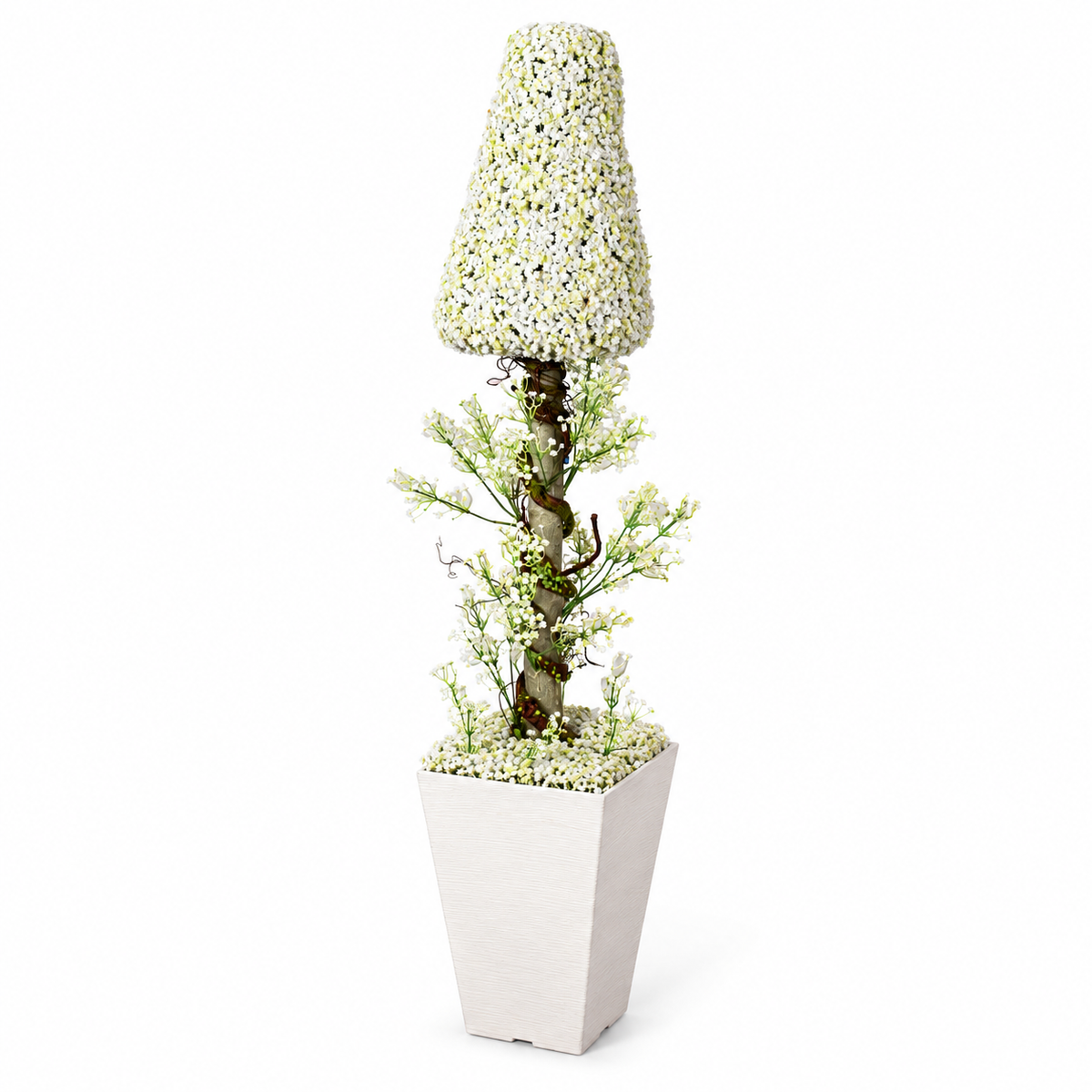 Artificial white floral cone topiary in square planter - side