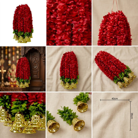 Red Artificial Flower Garland with Golden Bells — Premium Wall & Door Hanging Decor | Handmade Indian Festive Decoration-Artificial Flower Garland | AFF-Garland-1.1
