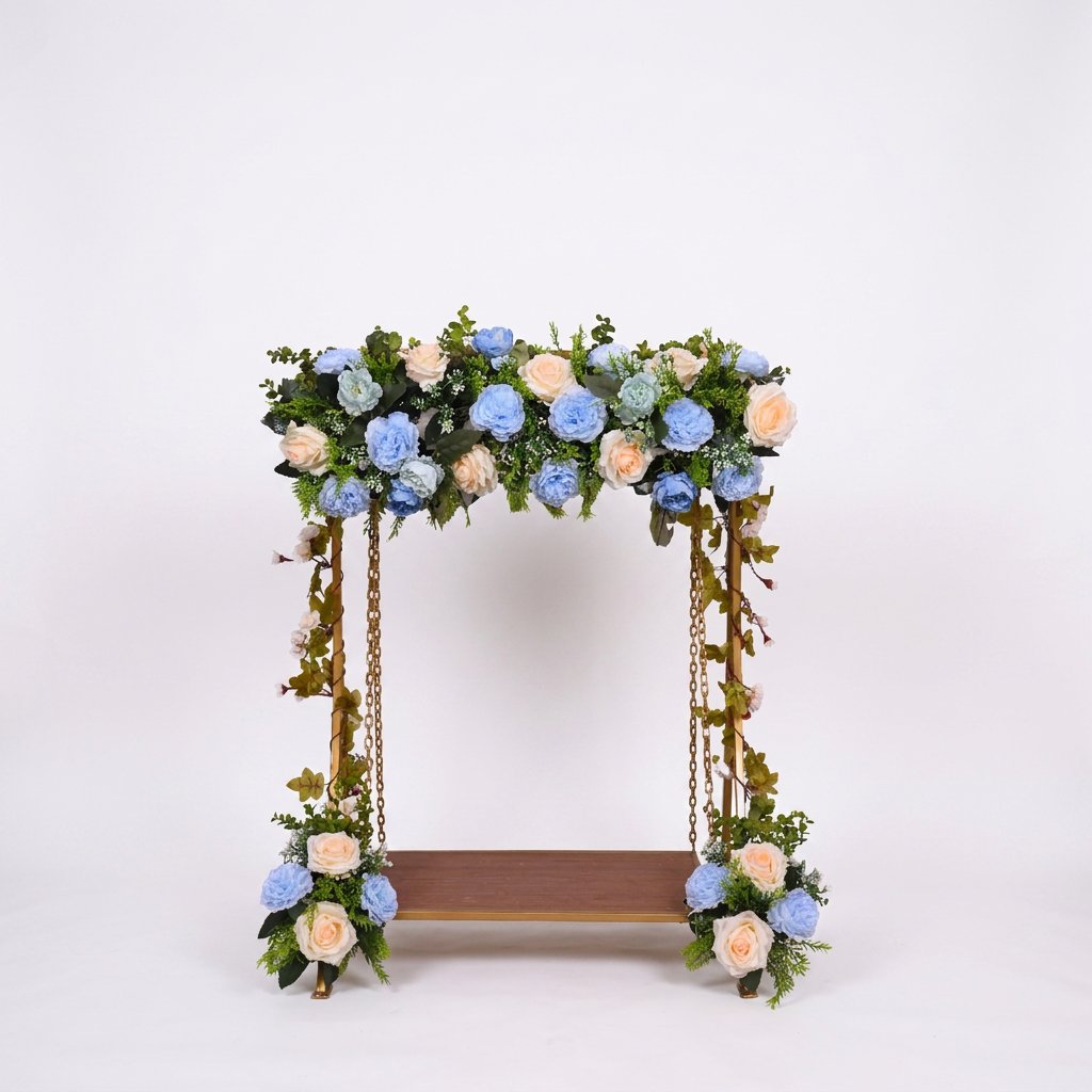 AFF Luxury Golden Metal Swing Stand with Sky Blue and Ivory Rose Floral Header (Jhula / Display Stand)-Ganpati Stand 2Feet | AFF-Ganpatistand-04