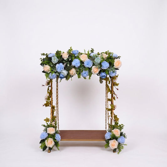AFF Luxury Golden Metal Swing Stand with Sky Blue and Ivory Rose Floral Header (Jhula / Display Stand)-Ganpati Stand 2Feet | AFF-Ganpatistand-04