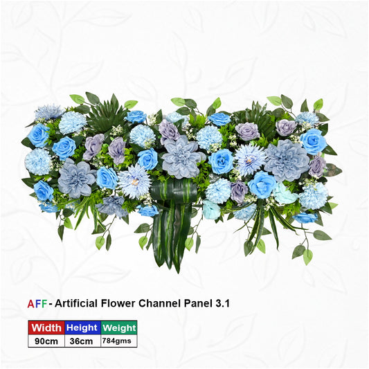 Artificial Flower Factory – Azure Bliss & Lavender Mist Channel Panel | Multi-Toned Blue Rose & Silver Sage Foliage Row |