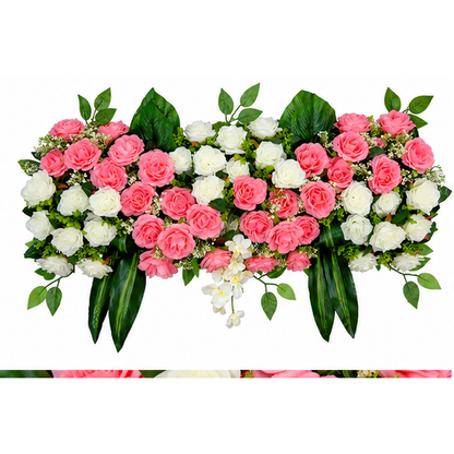 Artificial Coral Pink & Ivory Rose Floral Channel Panel with Green Foliage for Wedding & Event Décor – 90 × 36 cm