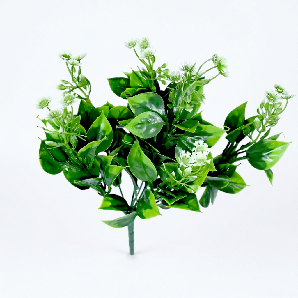Artificial Green Leaf Bunch 34 cm with White Flowers – Real Touch Faux Foliage for Home & Garden Décor
