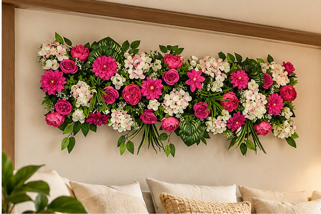 Artificial Magenta & Ivory Floral Channel Panel with Green Foliage for Wedding & Event Décor – 120 × 40 cm