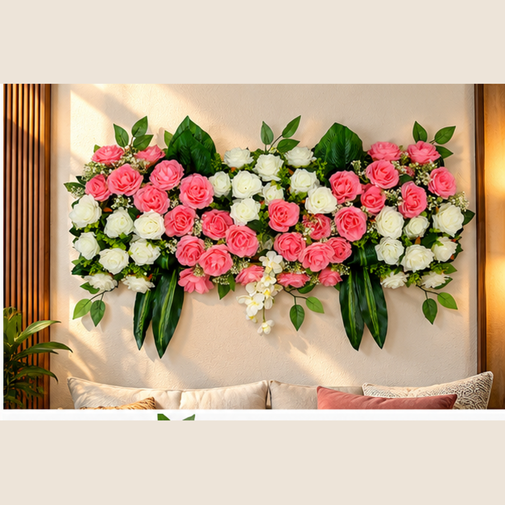 Artificial Coral Pink & Ivory Rose Floral Channel Panel with Green Foliage for Wedding & Event Décor – 90 × 36 cm