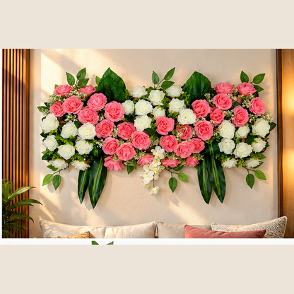 Artificial Coral Pink & Ivory Rose Floral Channel Panel with Green Foliage for Wedding & Event Décor – 90 × 36 cm
