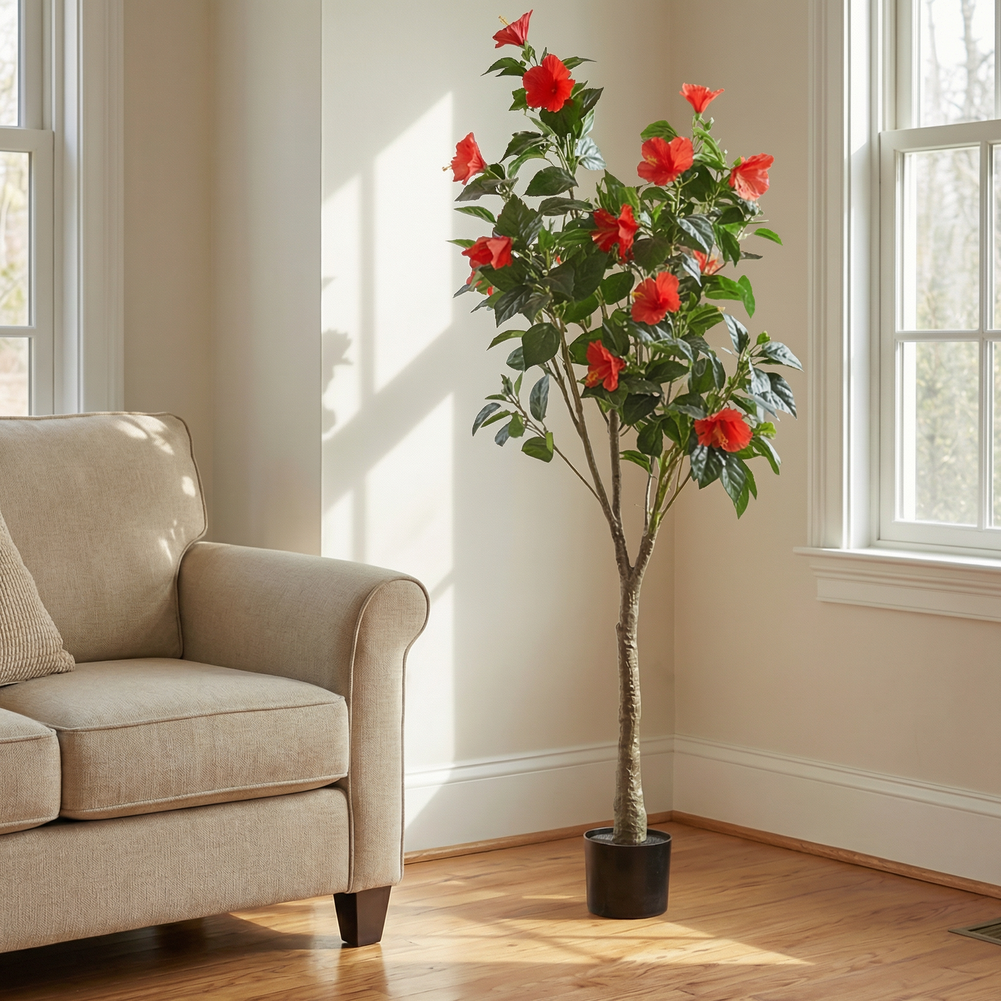 Artificial Plant Hibiscus Flowering Potted Tree