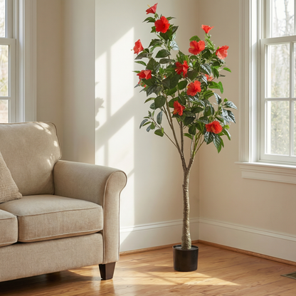 Artificial Plant Hibiscus Flowering Potted Tree