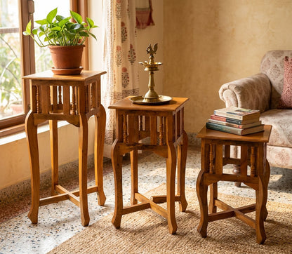 Handcrafted Wooden Table Set of 3 – Nesting Side Tables for Living Room, Bedroom & Balcony