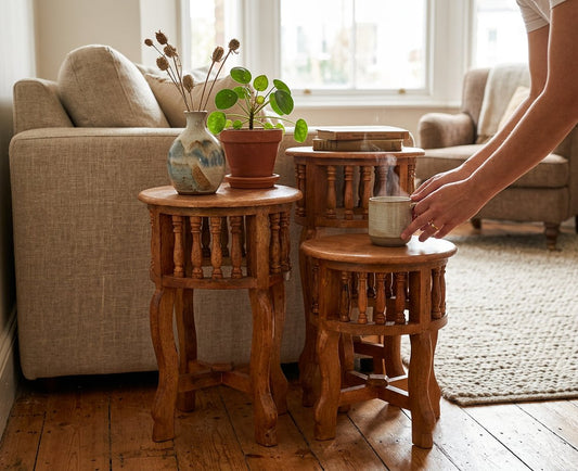 Handcrafted Wooden Table Set of 3 – Nesting Side Tables for Living Room, Bedroom & Balcony