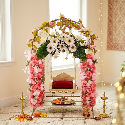 AFF Luxury Golden Arched Mandir Swing Stand with Sacred Om & Floral Pillars (Laddu Gopal Jhula / Singhasan)-Ganpati Stand 2Feet | AFF-Ganpatistand-03