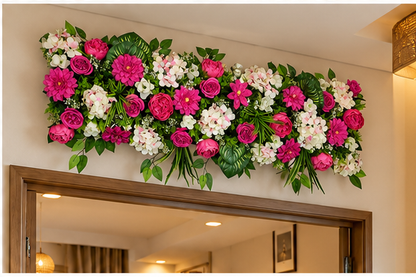 Artificial Magenta & Ivory Floral Channel Panel with Green Foliage for Wedding & Event Décor – 120 × 40 cm