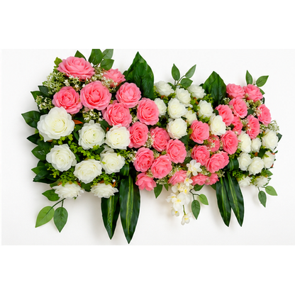 Artificial Coral Pink & Ivory Rose Floral Channel Panel with Green Foliage for Wedding & Event Décor – 90 × 36 cm