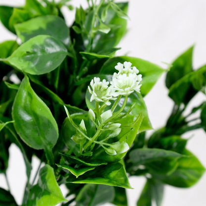 Artificial Green Leaf Bunch 34 cm with White Flowers – Real Touch Faux Foliage for Home & Garden Décor