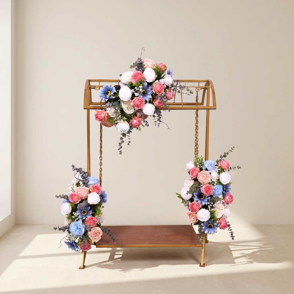 AFF Luxury Golden Canopy Swing Stand with Rose & Hydrangea Floral Arrangements (Jhula / Display Stand-Ganpati Stand 2Feet | AFF-Ganpatistand-02