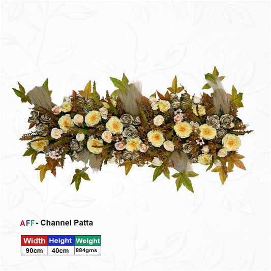 Artificial Flower Factory – Golden Autumn |Antique Bronze & Harvest Gold Channel Patta | Rustic Rose & Pampas Grass Row | 90cm Premium Floral Arrangement for Vintage Weddings, Corporate Galas, & Autumnal Decor
