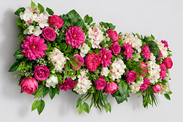 Artificial Magenta & Ivory Floral Channel Panel with Green Foliage for Wedding & Event Décor – 120 × 40 cm