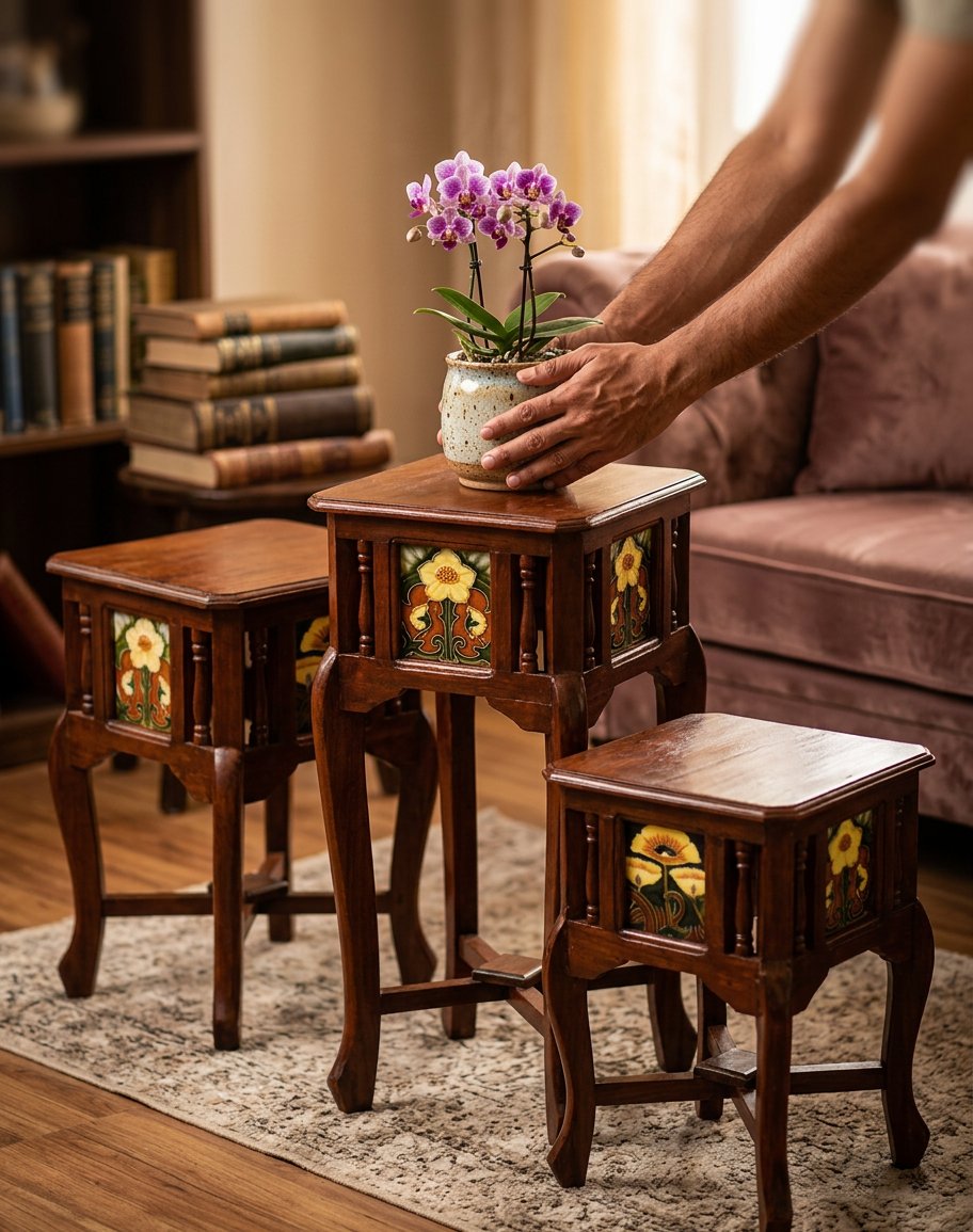 Handcrafted Wooden Table Set of 3 – Nesting Side Tables for Living Room, Bedroom & Balcony