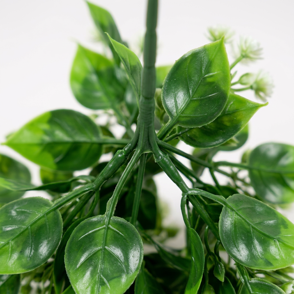 Artificial Green Leaf Bunch 34 cm with White Flowers – Real Touch Faux Foliage for Home & Garden Décor