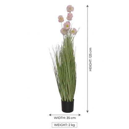 Artificial Tall Grass Plant with Pink Flowers 125 cm – Real Touch Faux Plant with Pot for Home Décor
