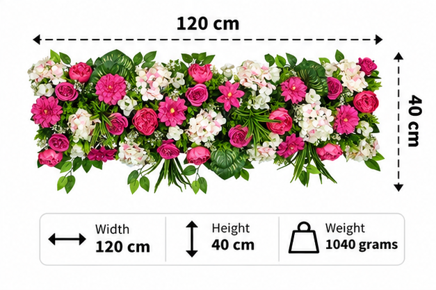 Artificial Magenta & Ivory Floral Channel Panel with Green Foliage for Wedding & Event Décor – 120 × 40 cm