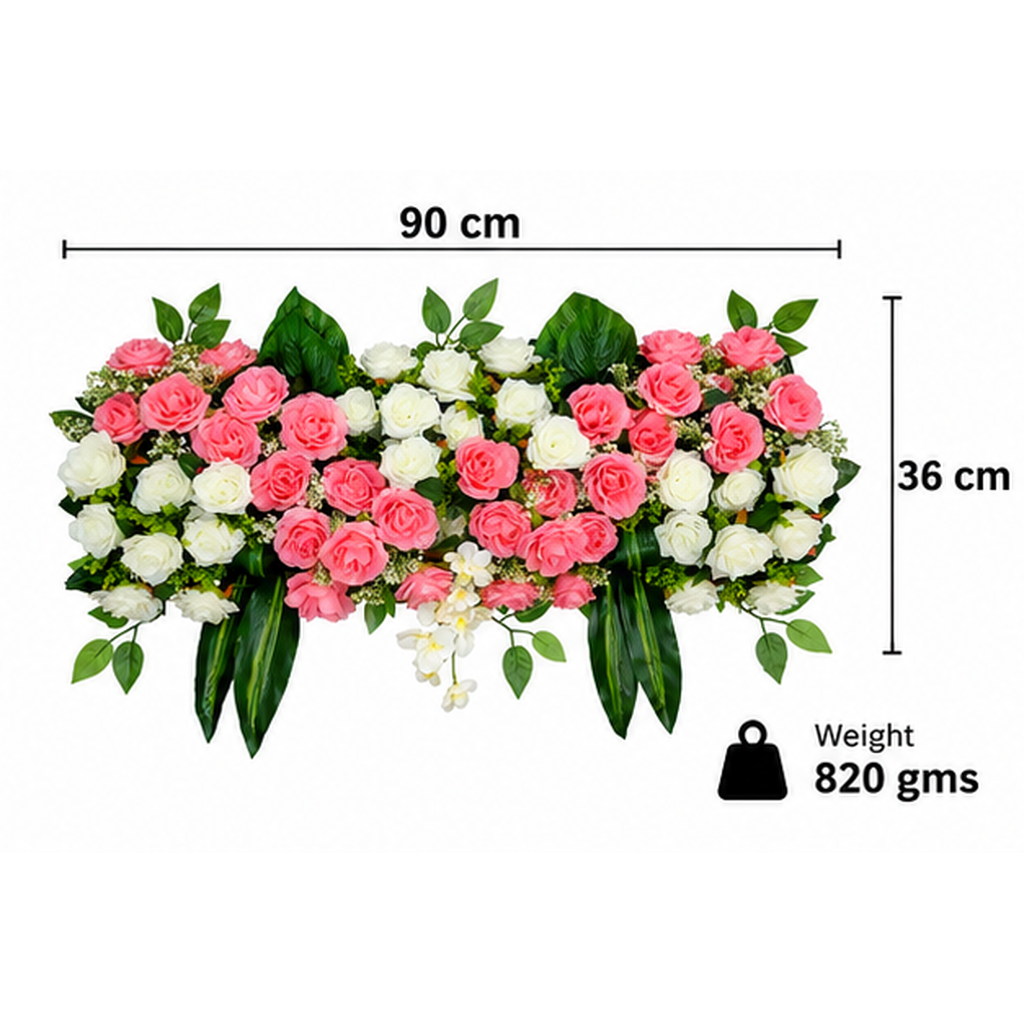 Artificial Coral Pink & Ivory Rose Floral Channel Panel with Green Foliage for Wedding & Event Décor – 90 × 36 cm