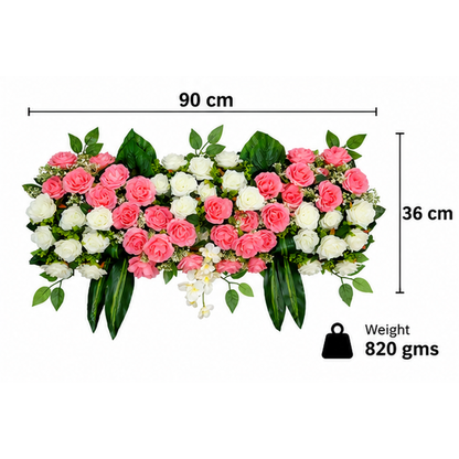 Artificial Coral Pink & Ivory Rose Floral Channel Panel with Green Foliage for Wedding & Event Décor – 90 × 36 cm