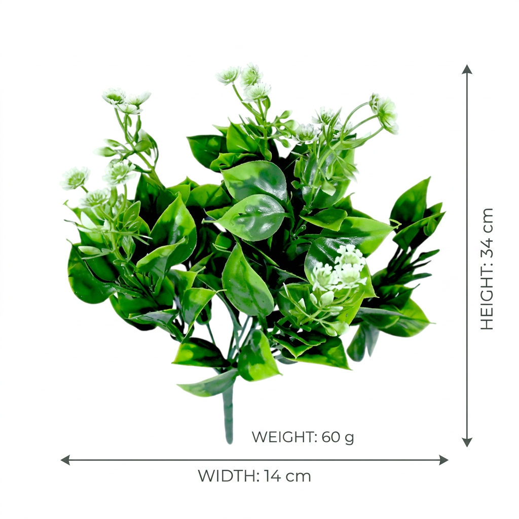Artificial Green Leaf Bunch 34 cm with White Flowers – Real Touch Faux Foliage for Home & Garden Décor