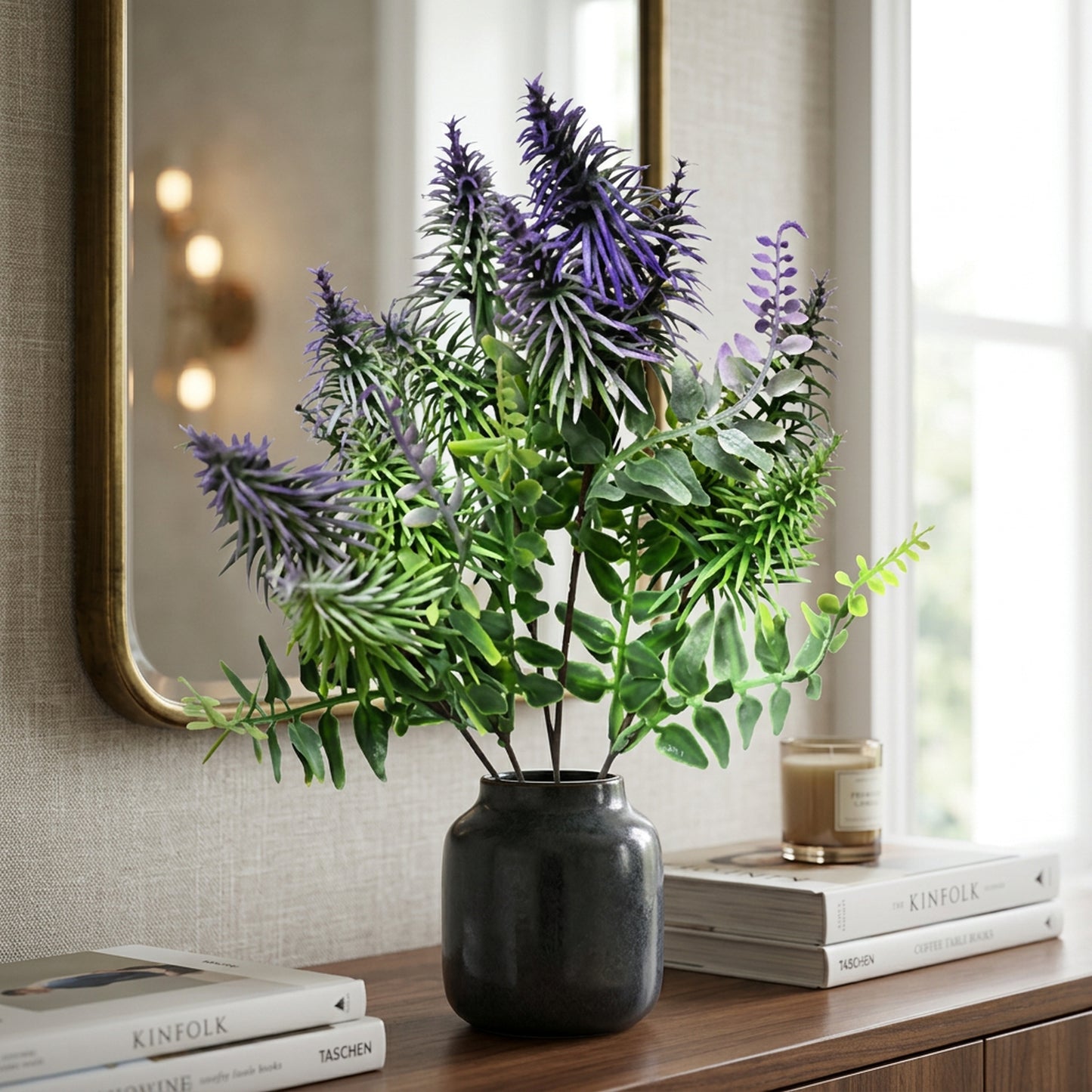Artificial Lavender & Fern Bunch 34 cm – Real Touch Faux Purple Flower Bush for Home & Garden Décor