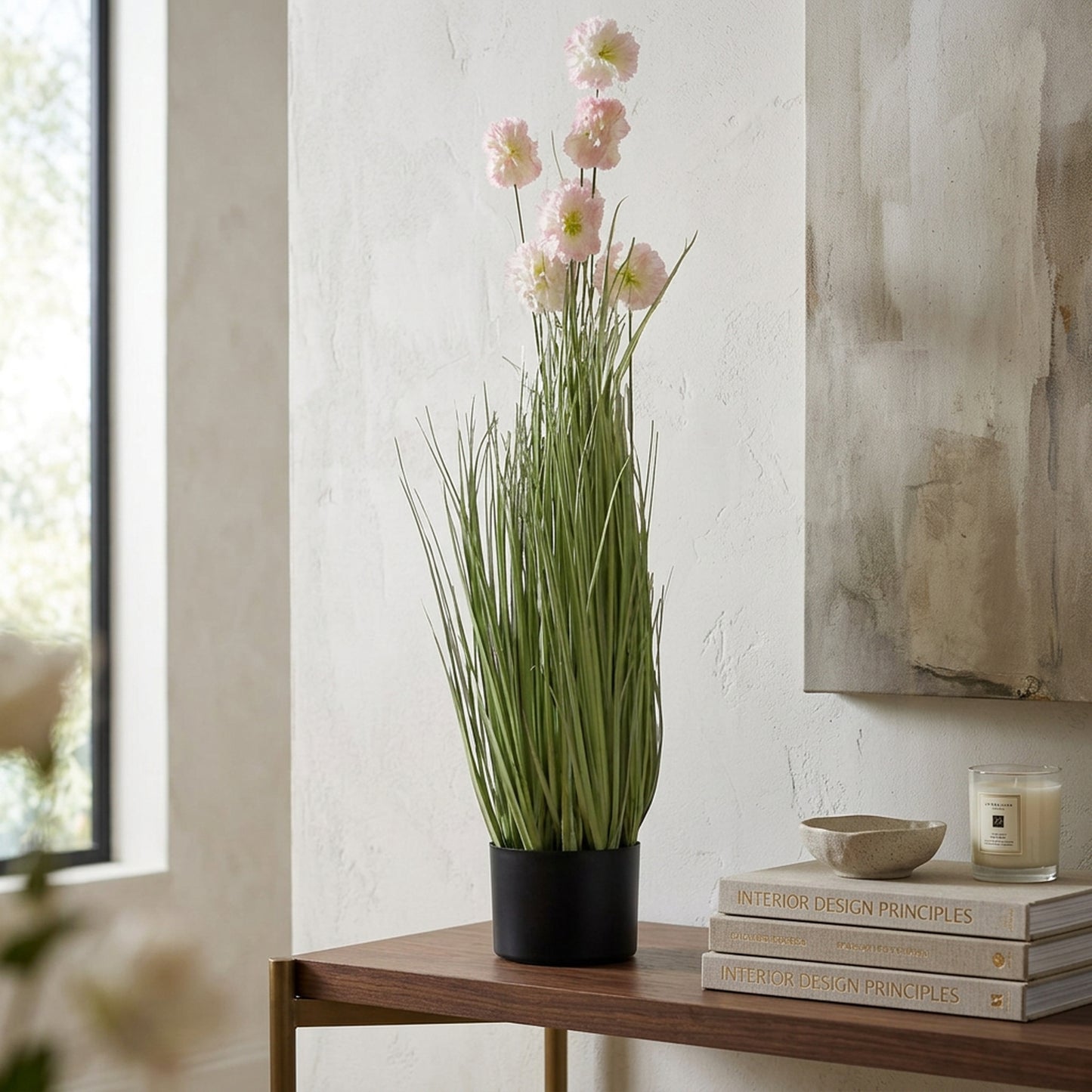 Artificial Tall Grass Plant with Pink Flowers 125 cm – Real Touch Faux Plant with Pot for Home Décor