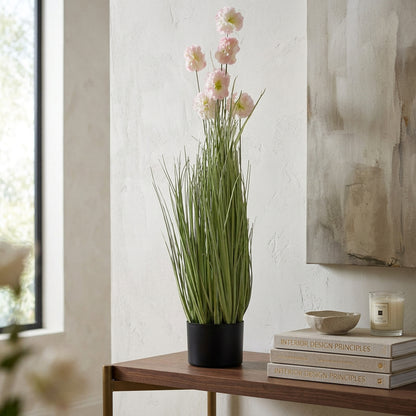 Artificial Tall Grass Plant with Pink Flowers 125 cm – Real Touch Faux Plant with Pot for Home Décor