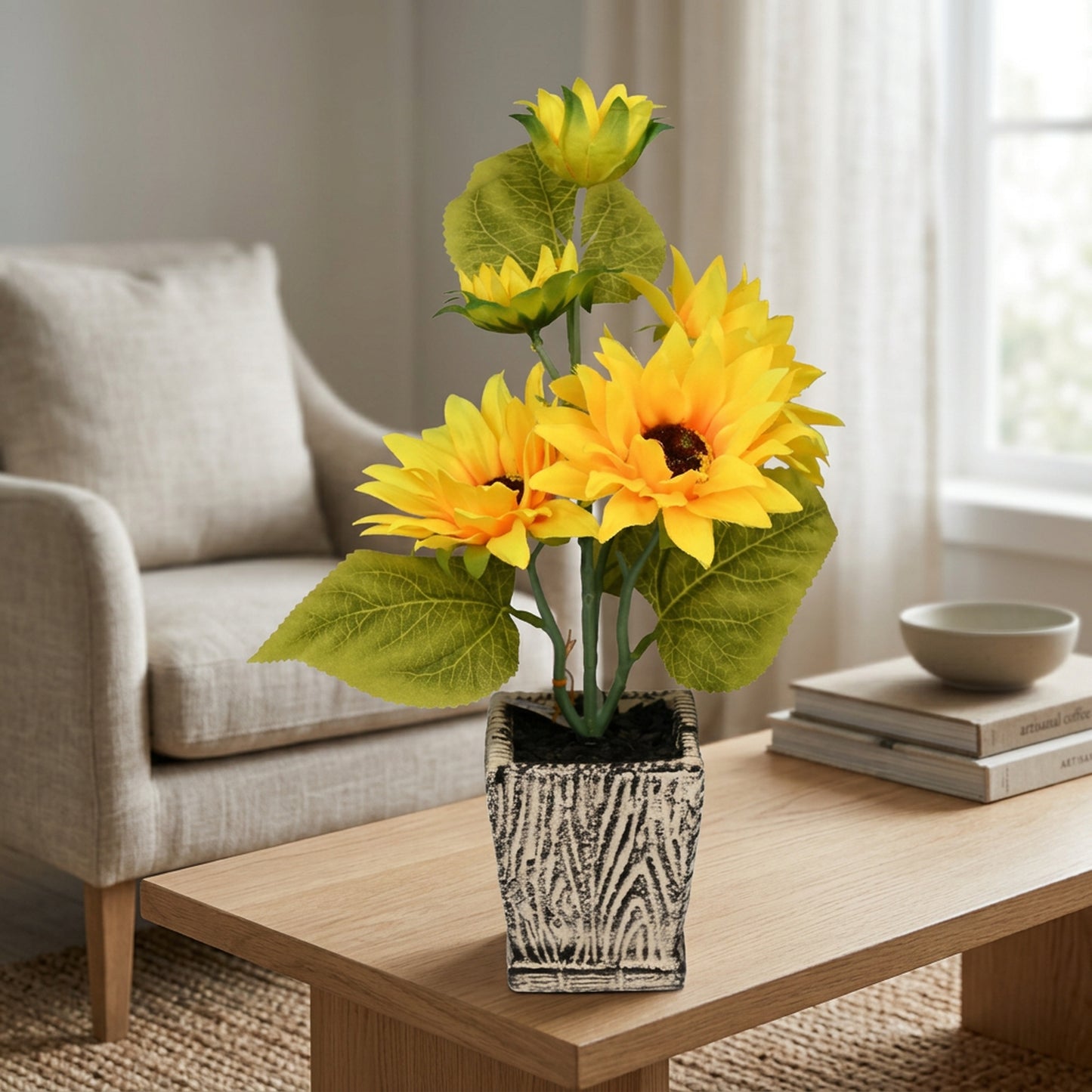 Artificial Sunflower Plant with Pot 40 cm – Real Touch Potted Yellow Flowers for Home & Office Décor