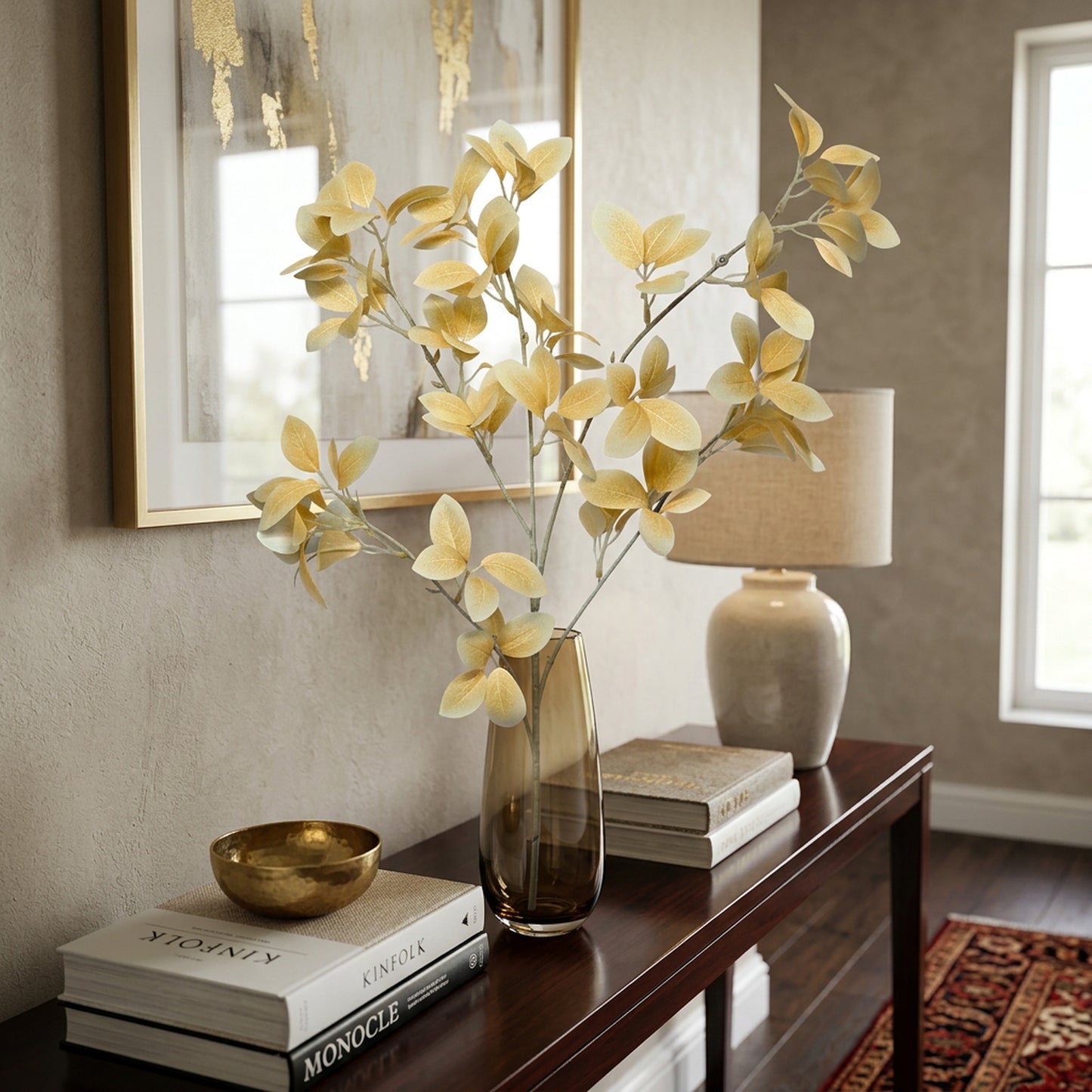 Artificial Golden Cream Leaf Stick 87 cm – Real Touch Faux Foliage Branch for Tall Vase & Home Décor