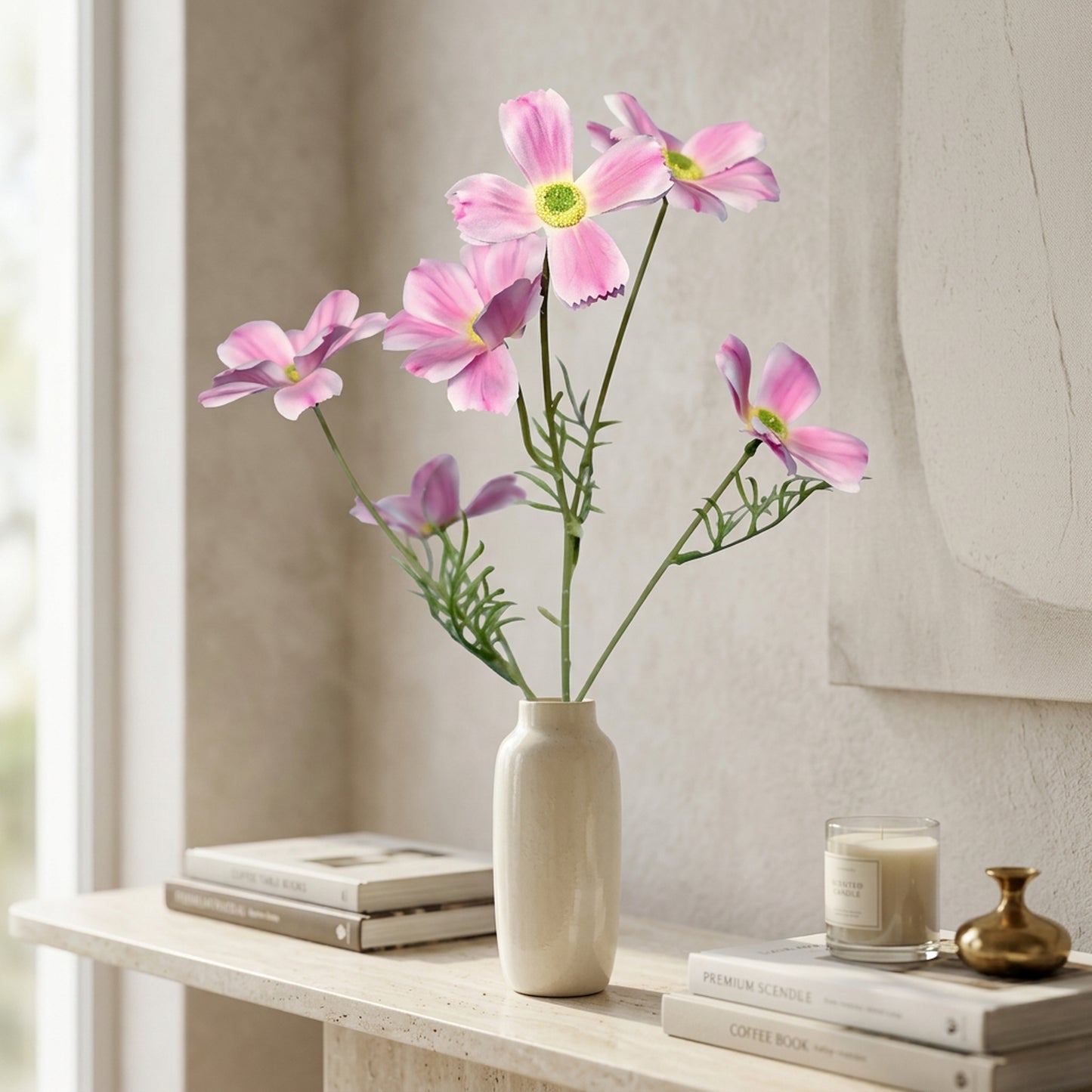 Artificial Pink Cosmos Flower Stick 82 cm – Real Touch Faux Wildflower Spray for Vase & Home Décor