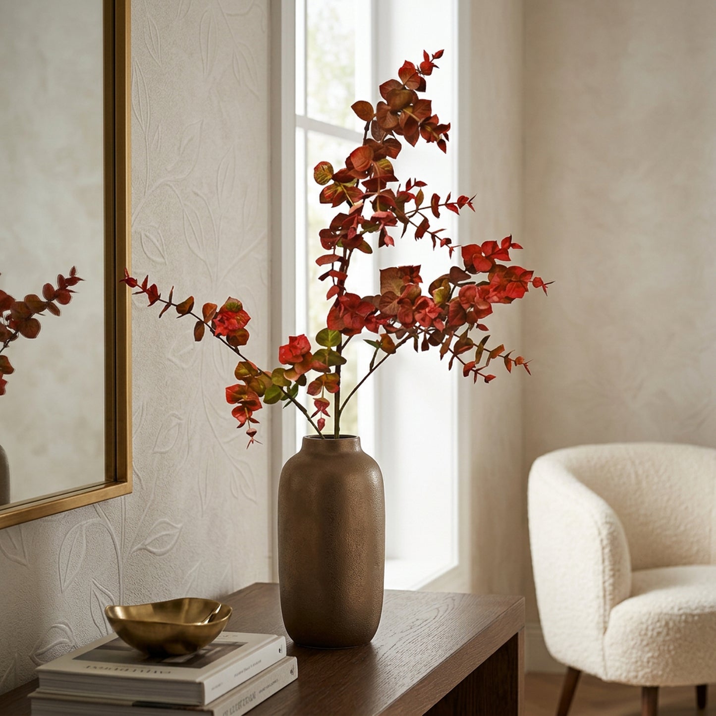 Artificial Red Eucalyptus Branch 103 cm – Real Touch Faux Autumn Leaf Stem for Tall Vase & Home Décor