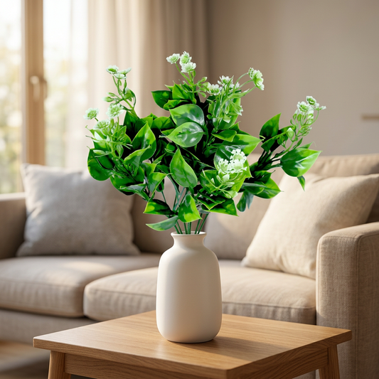 Artificial Green Leaf Bunch 34 cm with White Flowers – Real Touch Faux Foliage for Home & Garden Décor
