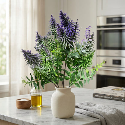 Artificial Lavender & Fern Bunch 34 cm – Real Touch Faux Purple Flower Bush for Home & Garden Décor