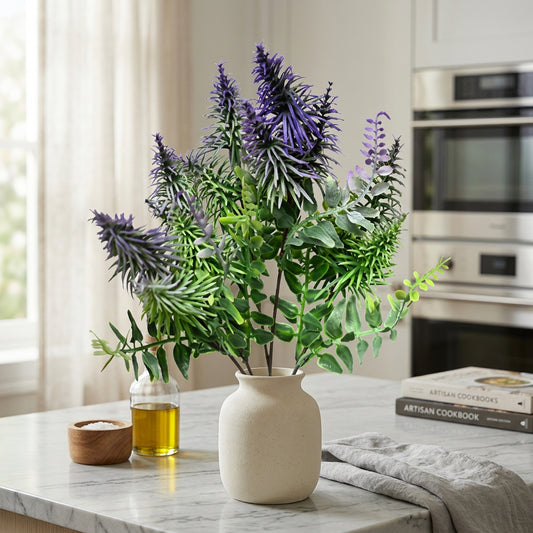 Artificial Lavender & Fern Bunch 34 cm – Real Touch Faux Purple Flower Bush for Home & Garden Décor