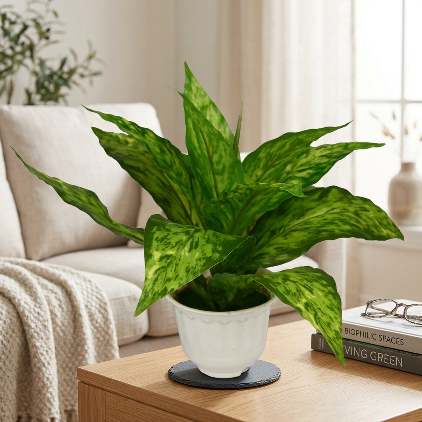 Artificial Dieffenbachia Plant with Pot 44 cm – Real Touch Green Faux Indoor Plant for Home & Office Décor